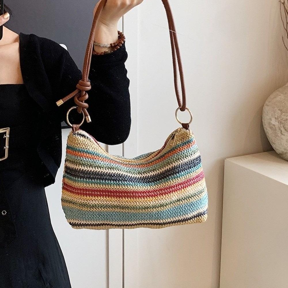 Beach Handbag Weave Straw Bag Multicolor Raffia Shoulder Bag Fashion Beach Crossbody Bag Holiday
