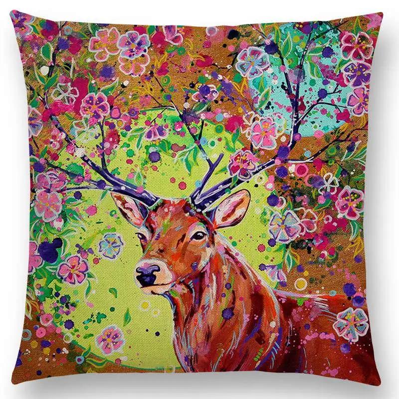 Oil Painting Animals ELK Cushion Cover Deer Lion Dogs Fox Bird Horse Sofa Throw Pillow Case
