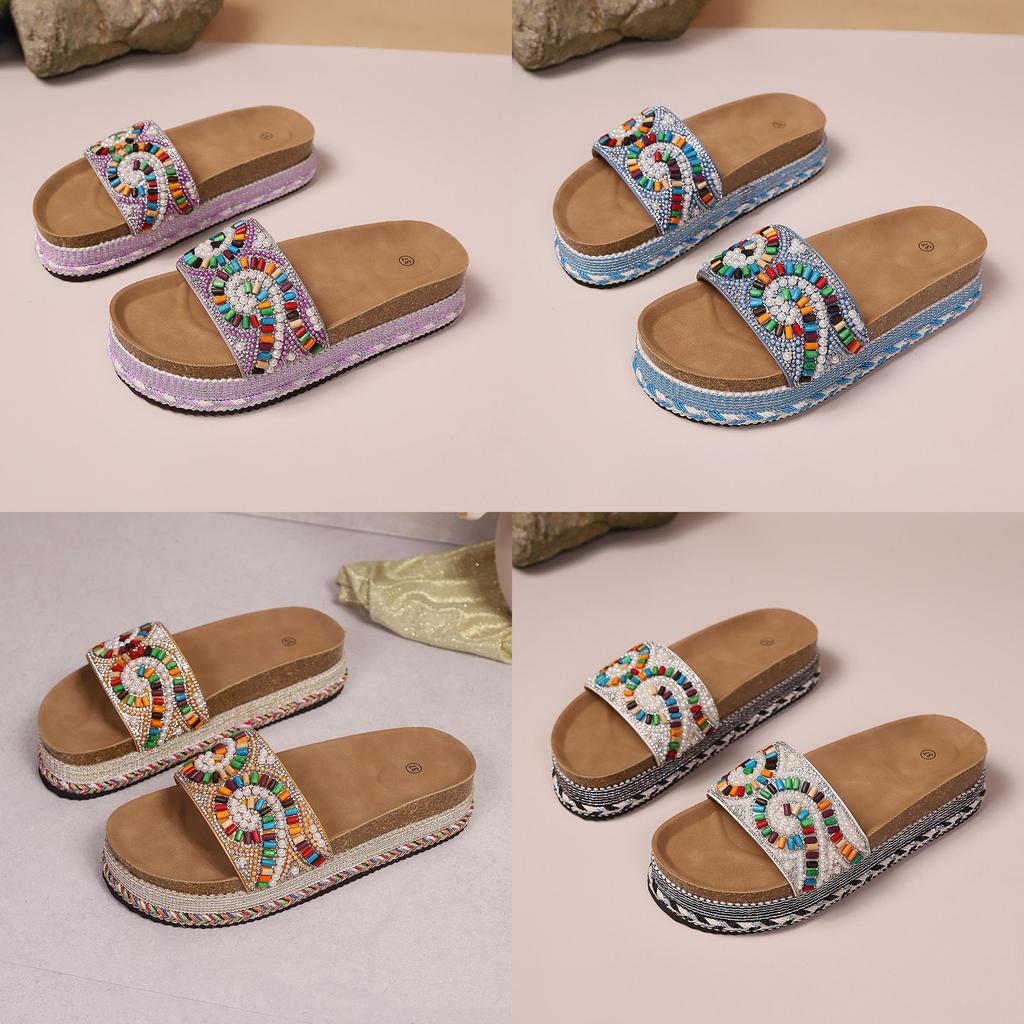 Summer Women Ethnic Style Flat Wooden Slippers With Rubber Sole For Beach Wear