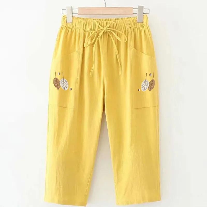Tynne 100 % bomullsbukser, sommernye, store størrelser, broderte, rette bukser, dame, elastisk midje, allsidig, casual capris