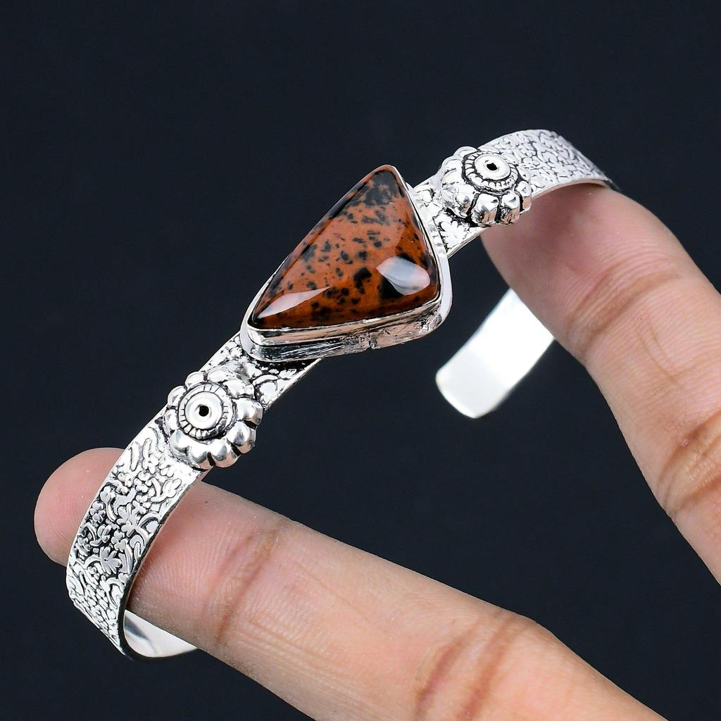 Natural Mahogany Obsidian Gemstone Bangle Brown Adjustable 925 Sterling Silver
