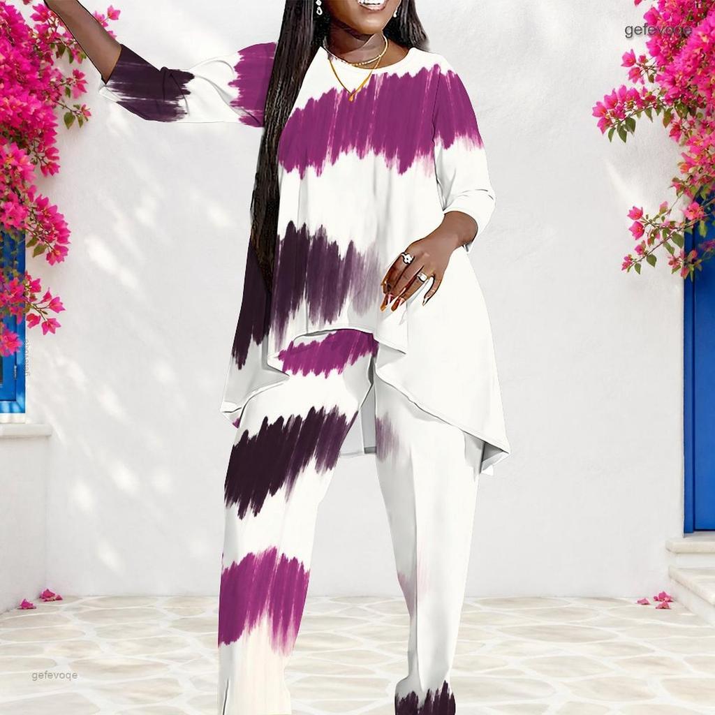 Women Plus Size Round Neck Long Sleeve Blue Printed Layered Top Long Pants Two Piece Set