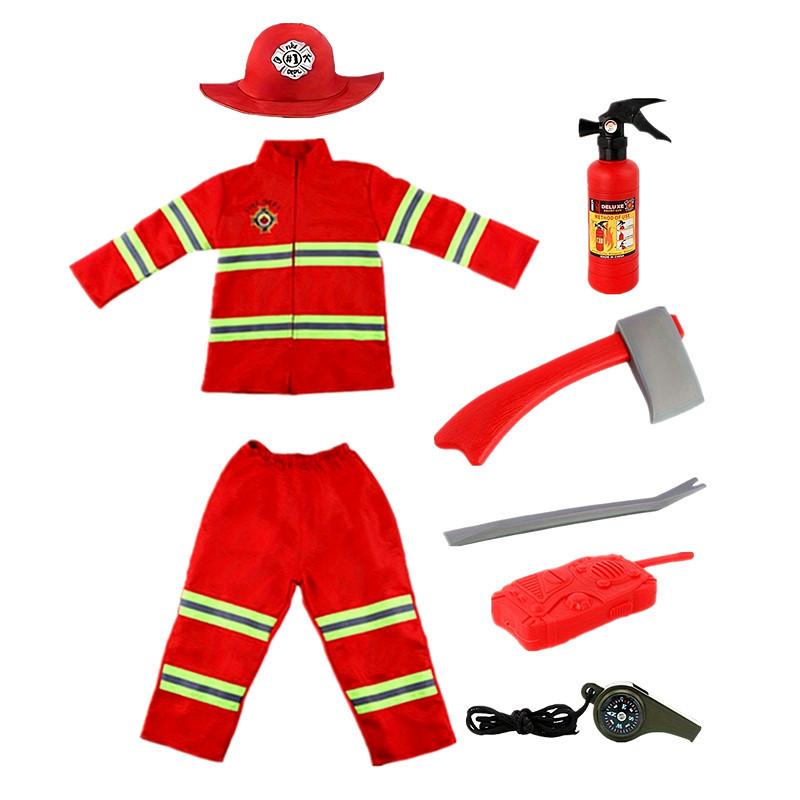 Boys Red Firefighter Costumes Firefighting Heroes Dress Up Clothes Carnival Firefighting Toys Hat Walkie Talkie Fire Extinguishe
