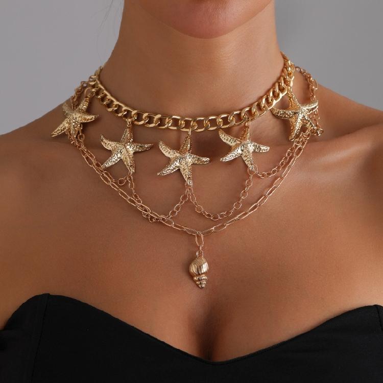 1 Set Adjustable Layering Necklace Starfish Conch Pendant Lightweight Clavicle Chain For Beach Party Summer Jewelry Gift