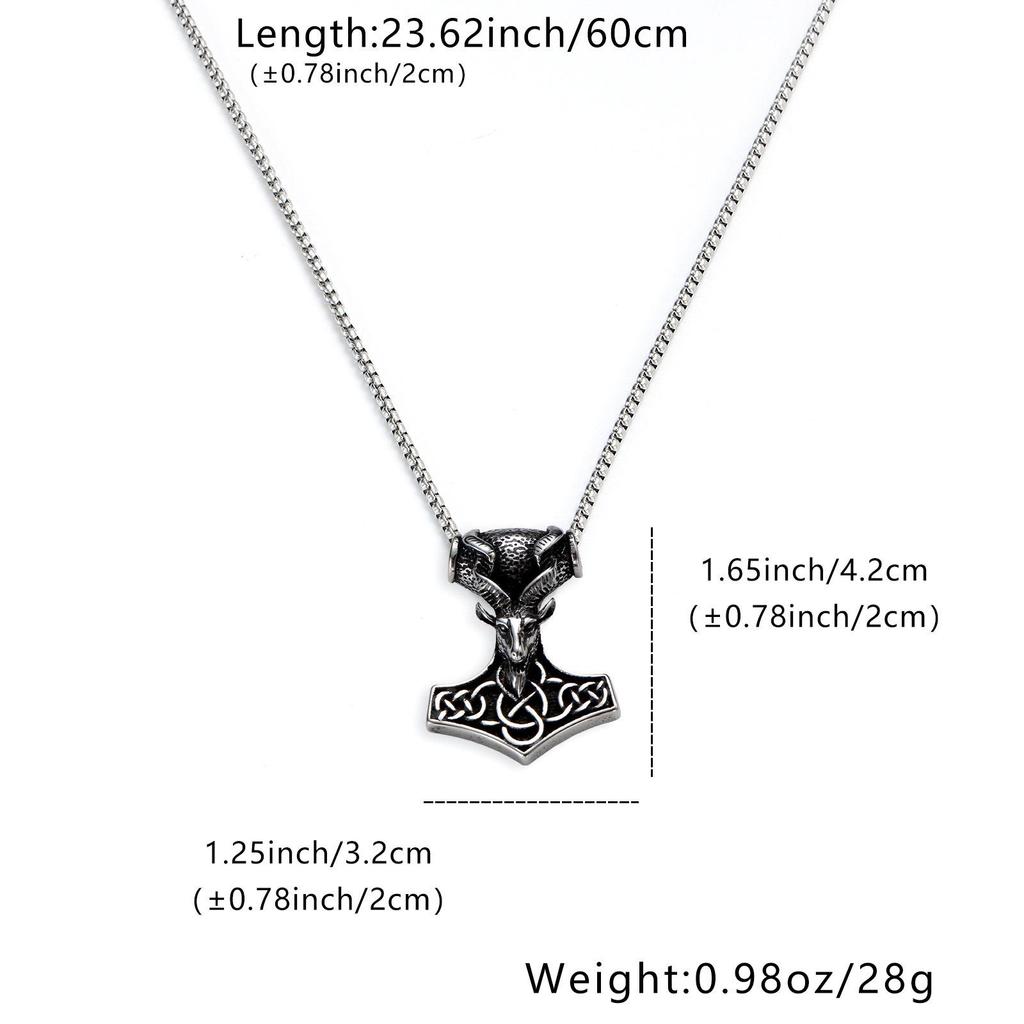 Men's Distressed Hammer Pendant Necklace with Stainless Steel Sheep Head and Rope Pattern, Long Box Chain