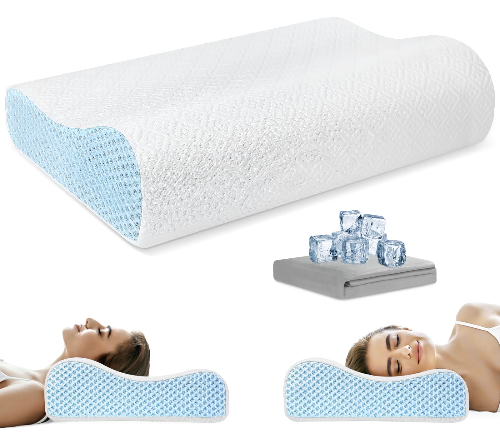 

PKBD Sleep Pillow, Memory Foam Pillow with Ice Silk Replacement Pillowcase, Comfortable Sleep Pillow with Two Height Settings, Breathable, Washable