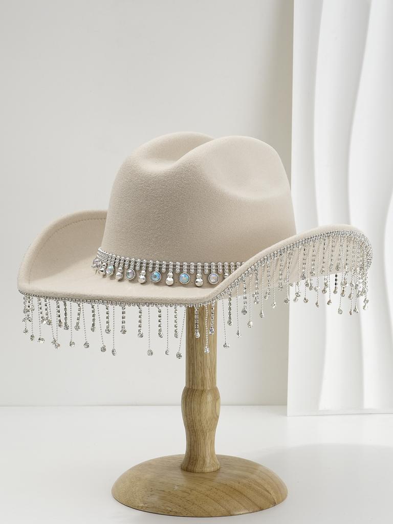 Men's and Women's Cowboy Hats, Panamanian Top Hats, Three-dimensional Round Gemstones, Round Diamonds with Rhinestone Tassels, Wedding Gifts
