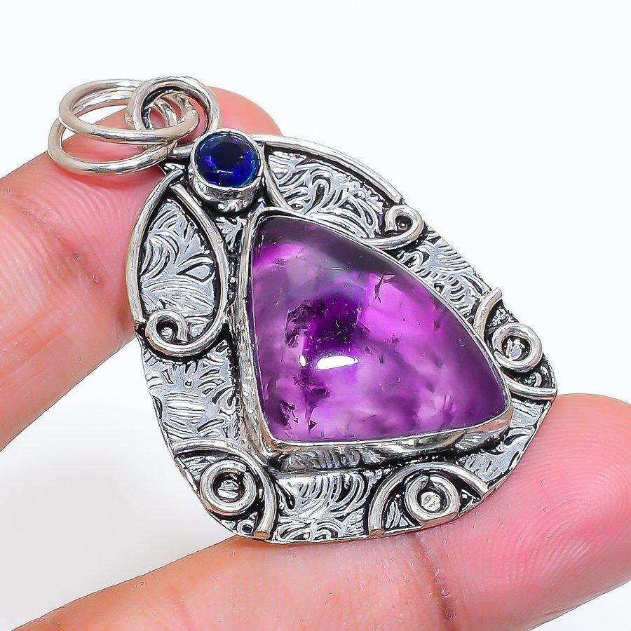 Natural Sage Amethyst, Iolite 925 Sterling Silver Jewelry Pendant 2.09" ZS-625