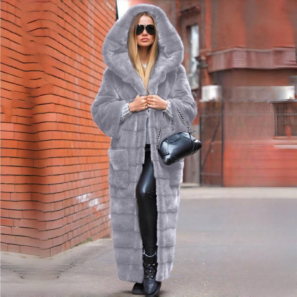 VAYLA Luxuriöser Langer Kunstfellmantel mit Kapuze Winterfelljacke Damen Fellrobe Winddichtes Design Langärmliger Cardigan Warm Dick Große Größe