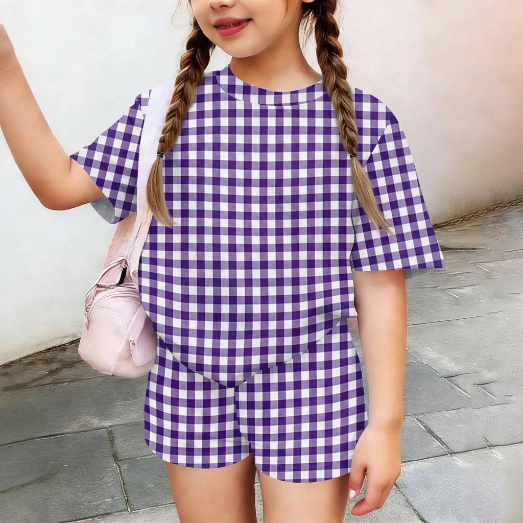 Kids Casual Short Sleeve Top and Shorts Set Plaid Pattern Lightweight Breathable Soft Fabric Comfortable Fit Summer Outfit for Boys Girls