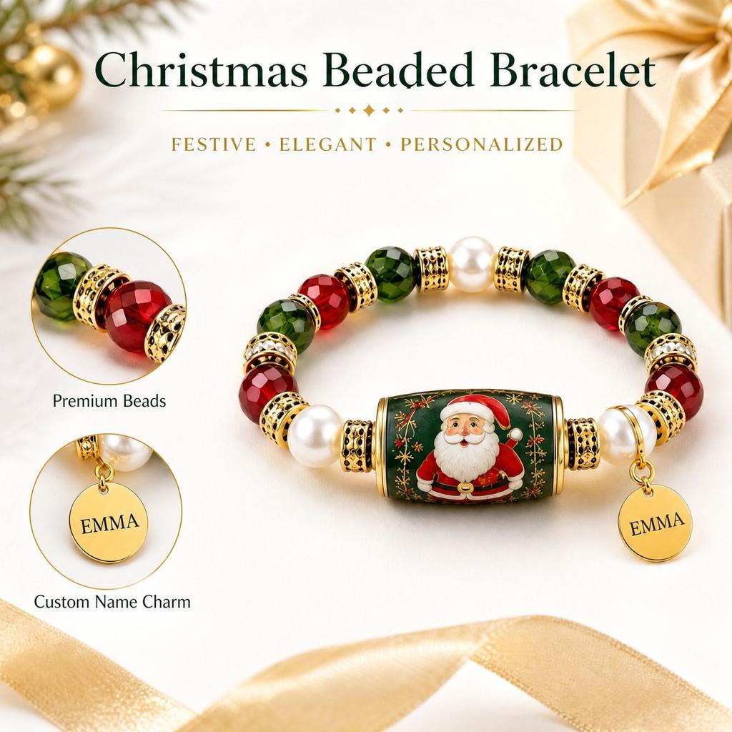 Personalized Custom Engraved Christmas Theme Bracelet with and Natural, Holiday Jewelry Gift