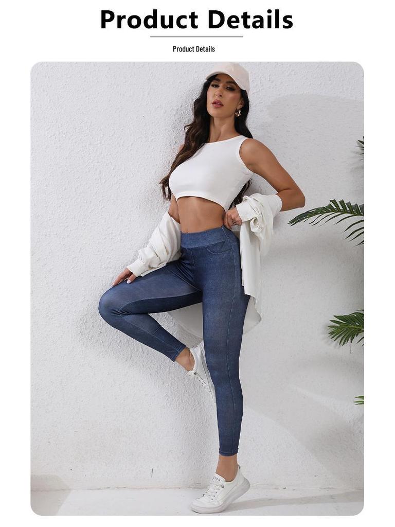 European-Style Faux Denim Yoga Pants: Slimming, High-Waist, Tummy Control, Leg-Lifting, Hip-Enhancing with Pockets.