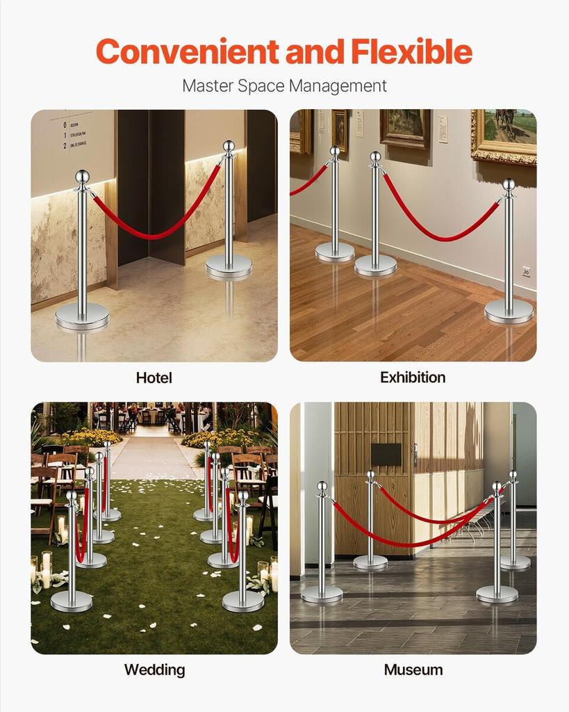8 Pcs Silver Stanchion Post 4 Red Velvet Ropes Sand Injection Hollow Base