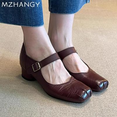 Fashion Women Mary Jane Leather Shoes Chunky Shallow Square Toe Mid Heels Sandals Woman 2024 Trend Autumn Retro New Pumps Mujer Zapatos