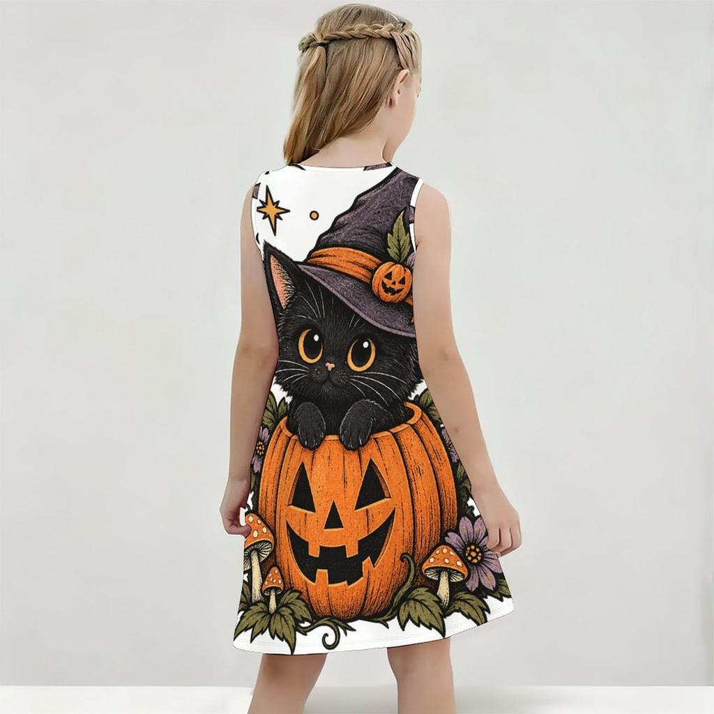 Girls Round Neck Sleeveless A Line Flared Dress Halloween Pumpkin Ghost Printed