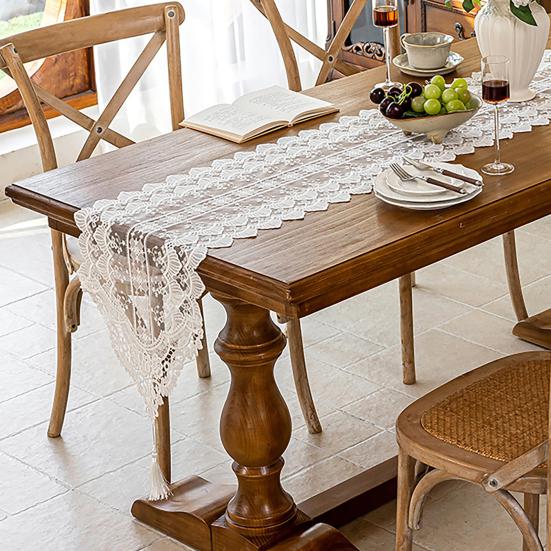 Table Runner Decorative Tulle Tablecloth with Tassel Banner Handcrafted Elegant Lace Strip Cloth for Dining Table Coffee Table TV Cabinet