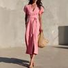 2026 New European and American Cross-border Independent Station Foreign Trade, Casual Simple Solid Color Lace-up V-neck Pocket Medium and Long Dress