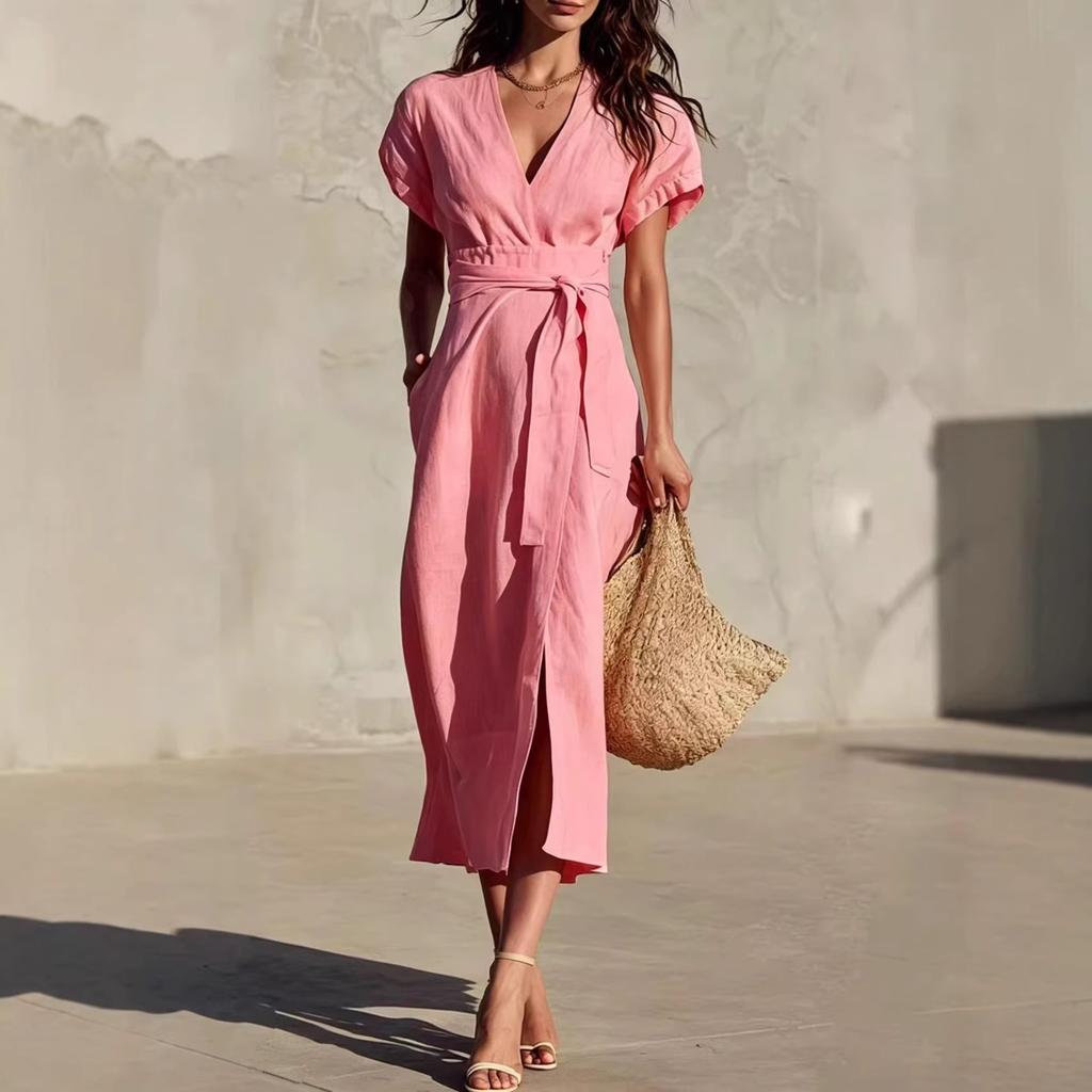 2026 New European and American Cross-border Independent Station Foreign Trade, Casual Simple Solid Color Lace-up V-neck Pocket Medium and Long Dress