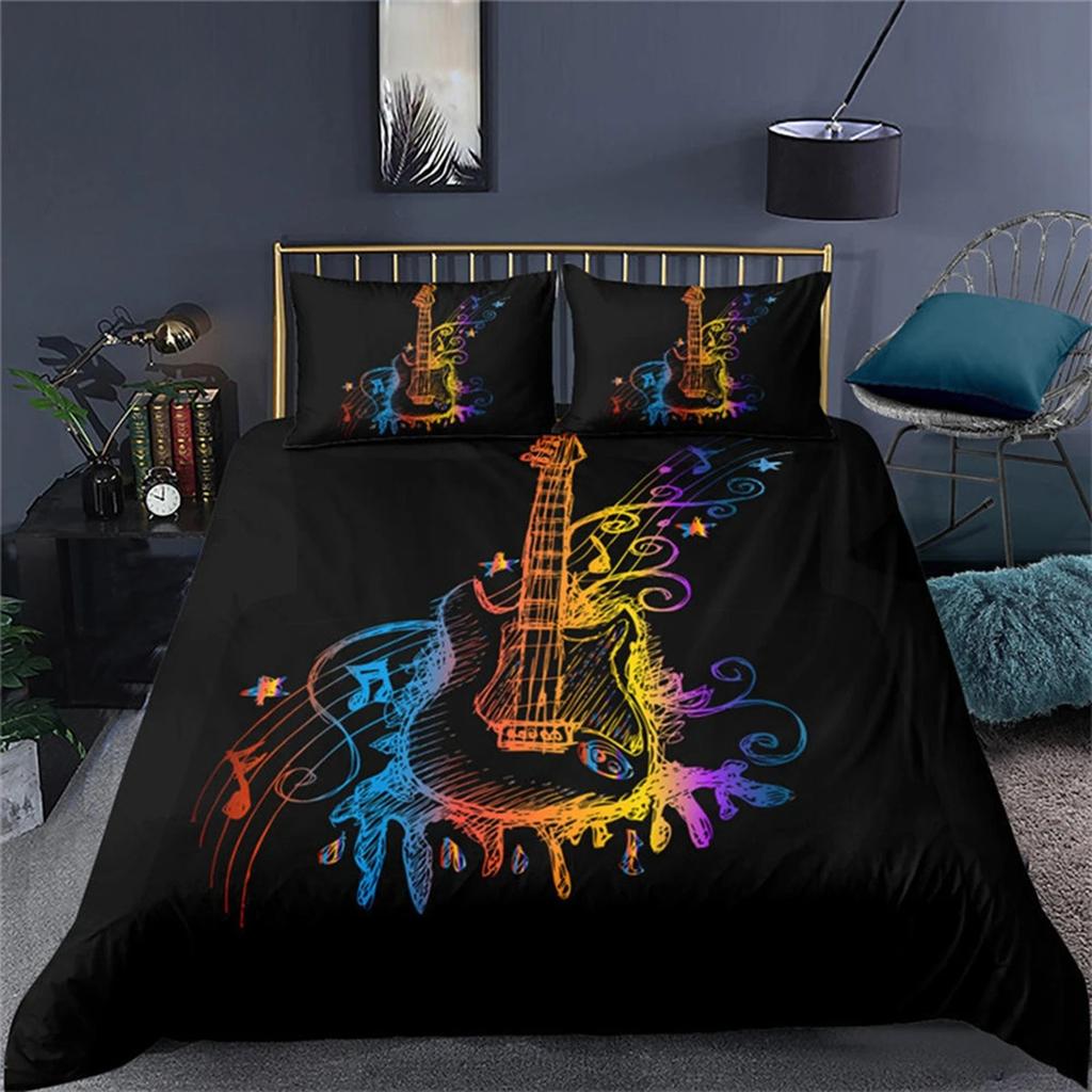Vintage Guitar Duvet Cover Set Music Theme 2/3Pcs Bedding Set For Kids Teens Adult Microfiber Print Comforter Cover Pillowcase