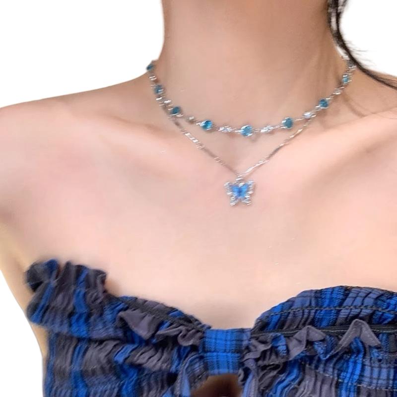 Sophisticated Blue Butterfly Necklace Set Double Layer Clavicle Chain Everyday Wear Jewelry Elegant Party Accessory 1