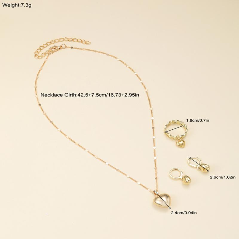 4Pcs/Set Vintage Love Heart Pendant Necklace Ring Hoop Earring for Women Simple Gold Color Smooth Jewelry Set Elegant Party Gift