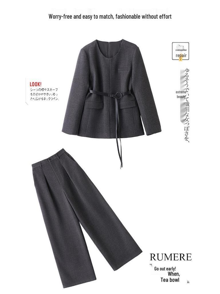 Women's Wool Suit Set: 2026 Spring Collection - Fashionable Temperament Casual Jacket & Wide-Leg Pants with Belt