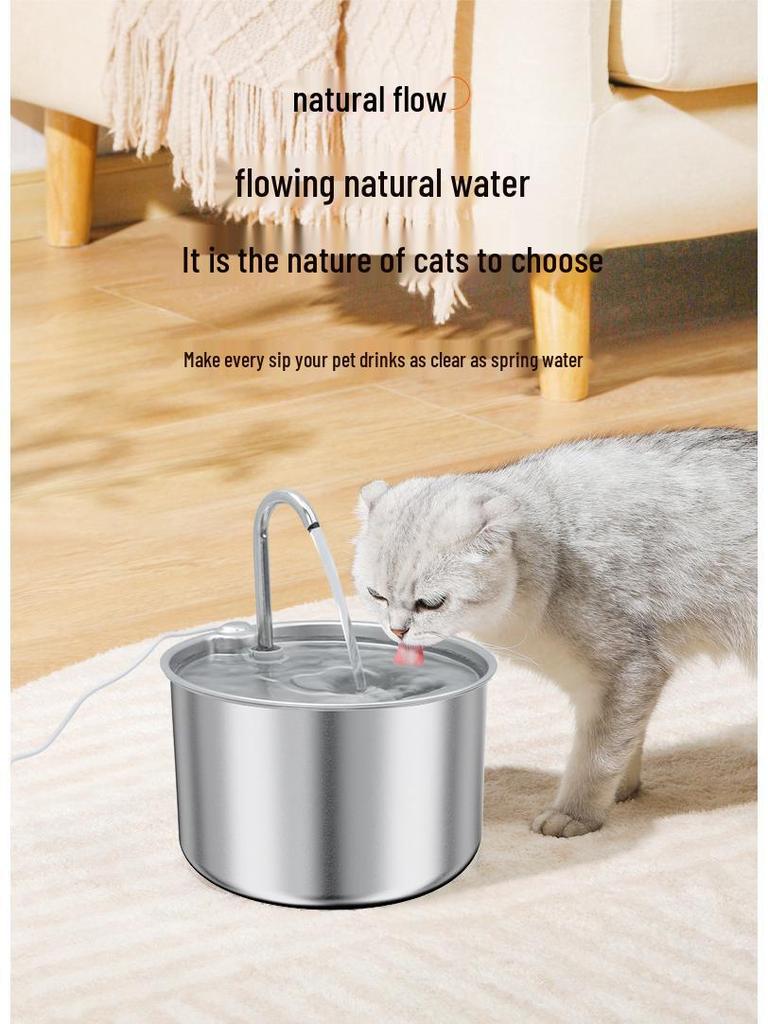 2.2L Stainless Steel Pet Water Fountain with Multi-Stage Filtration & Ultra-Quiet Continuous Flow for Cats