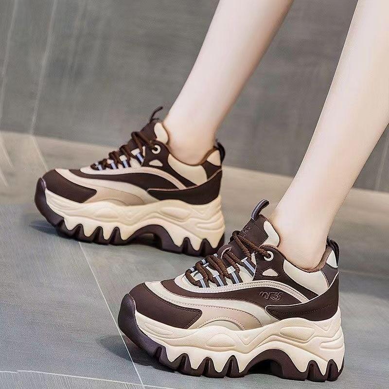 Sneakers Women Casual White Shoes 8CM Fashion Height Increasing Thick Bottom Spring Platform Leather Woman Chunky Sneakers 2025