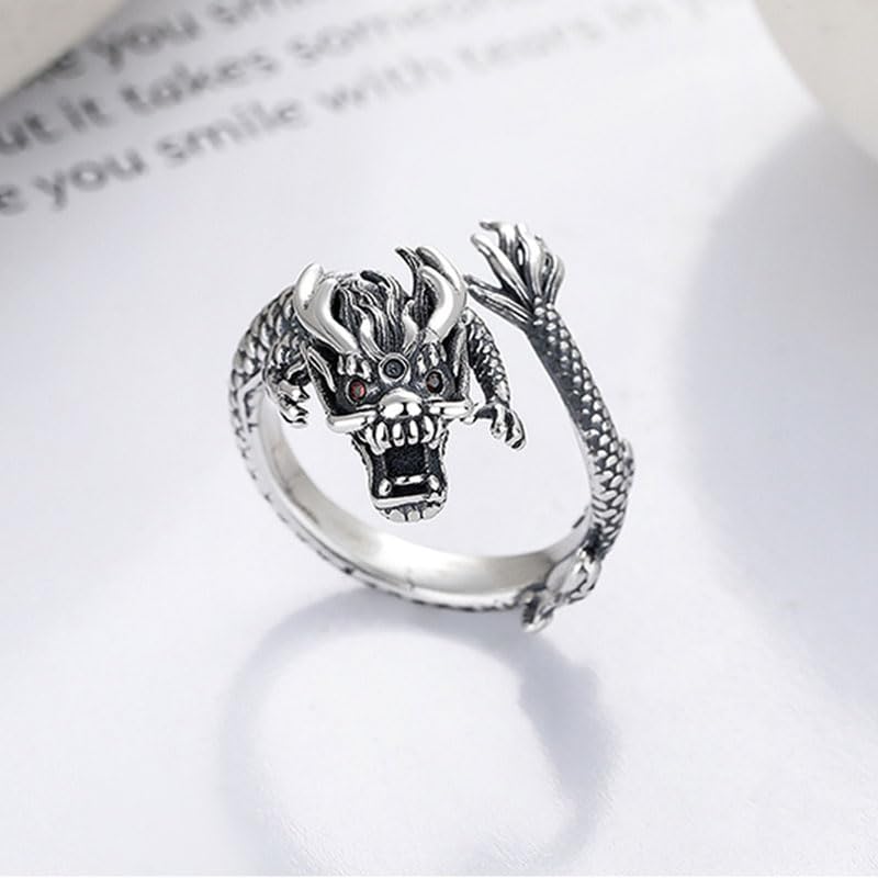 Ring for One Size Fits 925 Silver for Rugged Dragon Dragon Dragon Sterling Red Retro New Party Gift Women, Most, Men, Ring, Head, Zodiac, Silver,
