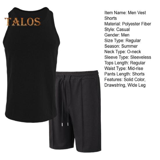 2 stk/sett Herre Sportsklær Vaffelstoff Ensfarget O-hals Ermeløs Vest Elastisk Midje Vide Ben Shorts Dress Fritidsklær