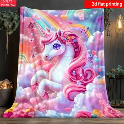 2D Flat Printing 1pc Colorful Dreamy Little Horse Printed Fleece Blanket Single-Sided Printing Suitable for Travel Camping Living