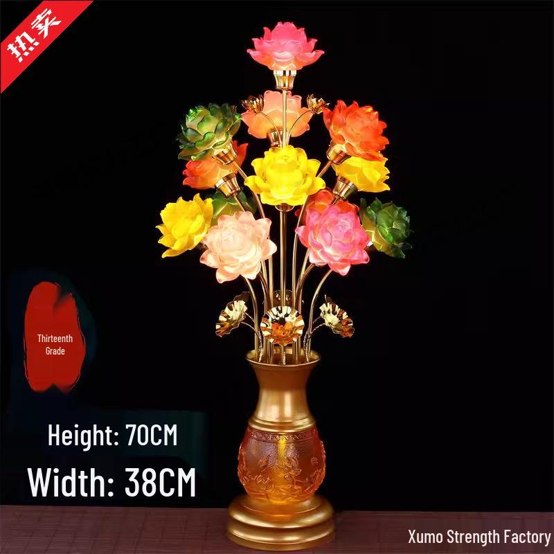 Seven-Color Lotus Lamp for Buddha Offering: Ever-Burning Guanyin Home Decor – Nine Horse Year Edition