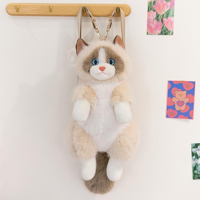 

Милі рюкзаки у формі кота з короткого плюшу, ручна робота, пухнаста сумка з регульованим плечовим ременем, денний рюкзак для дівчинки-підлітка, подарунки на день народження without bow бежевий