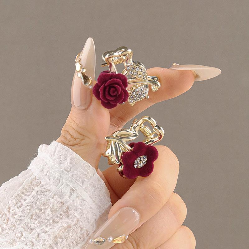 1PC Exquisite Romantic Rose Flocking New Year's Small Grab Clip Super Fairy Hair Claw Bangs Clip Premium Mini Hair Grab