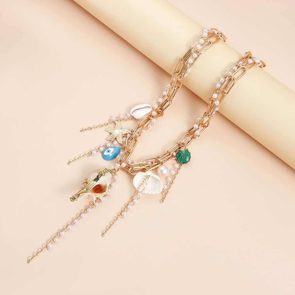 Elegant Beachy Tassels Shell Pendant Necklace Lightweight Alloy Trendy Layering Chain Jewelry For Casual Outfits