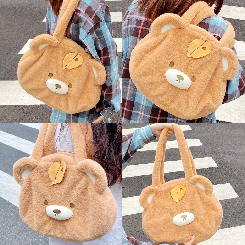 Cartoon Bear Leaf Plush Shoulder Bag Large Capacity Outdoor Handbag Leisure