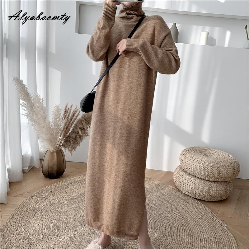 Buy Korean Style Autumn Winter Women Oversized Midi Sweater Dress  Turtleneck Apricot Black Khaki Knitted Dress Warm Split Knitting Dress at  affordable prices  free shipping, real reviews with photos  Joom