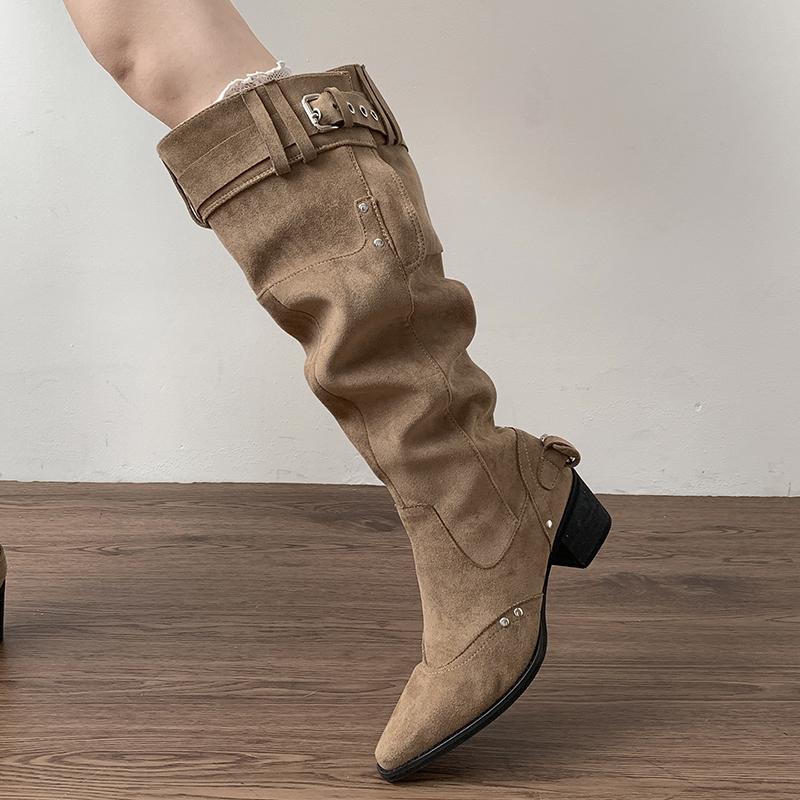 Fashion Vintage Rivet Hottie Women Knee-High Boots Fashion Belt Buckle Female Pleated Knight Long Booties Shoes