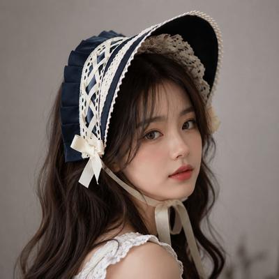 Girl Pastorale Style Lolita Bonnet Cap Bow Vintage Victorian Headpiece Elegant Ruffle Lace Hat Party Wear