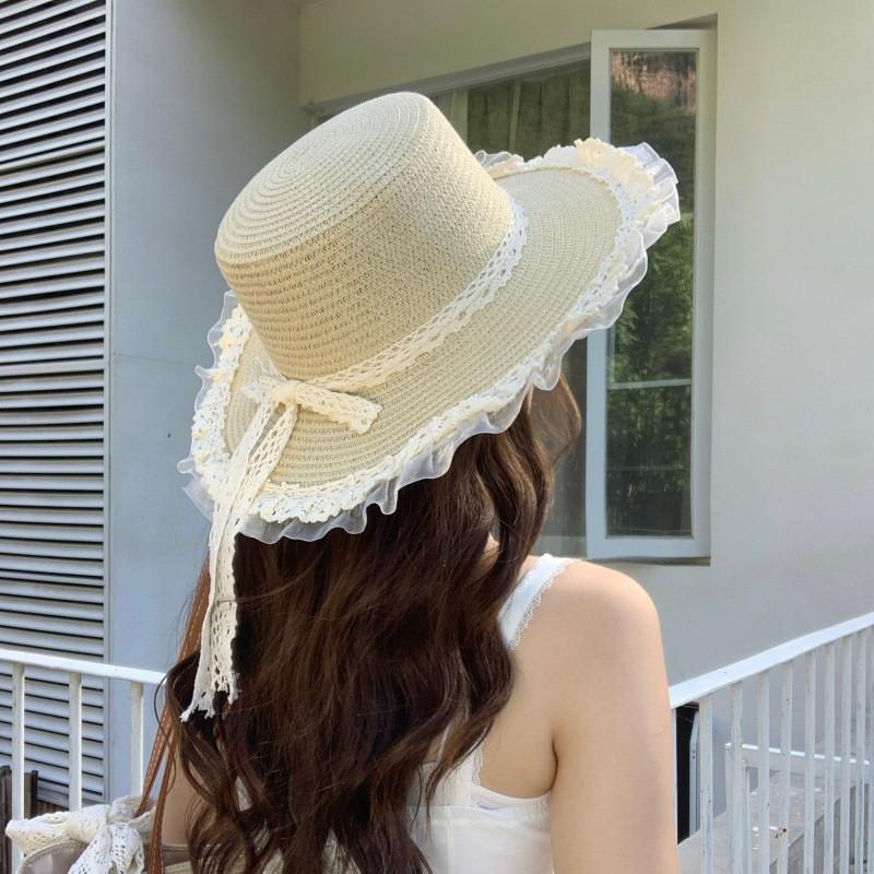 Summer Womens Sun Hat With Lace Ribbon Wide Brim Sun Protection Outdoor Beach Accessory