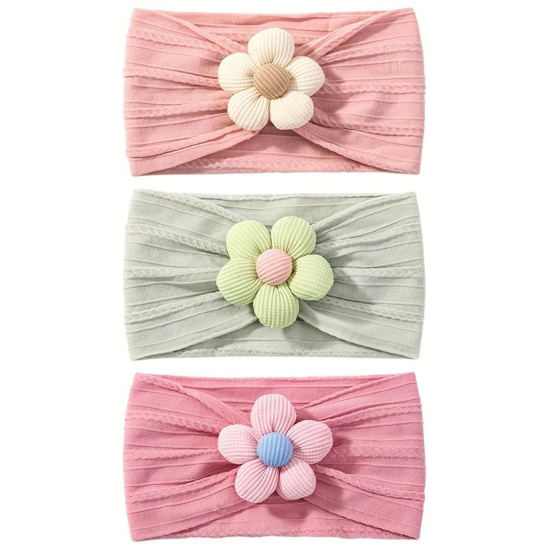 3-teiliges weiches Nylon-Kopftuch Astique geeignet für neugeborenes Baby Mädchen Blumen-Stirnband Elastisches Haarband Turban Kleinkind Haarschmuck