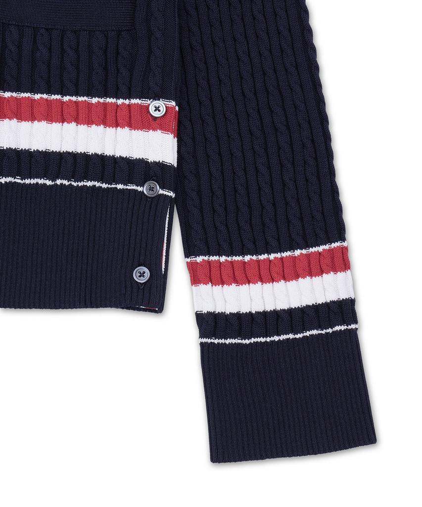 Thom Browne Rwb Striped Cotton Baby Cable V-Neck Cricket Cardigan - Navy / Mkc640Ay3014415
