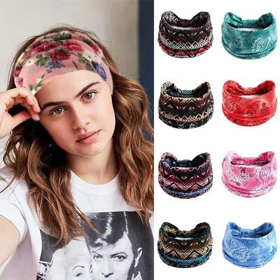 Bohemian Floral Headband for Women Boho Wide Cotton Stretch Hairbands Lady Headwrap Turban Headwear Bandage Hair Accessories