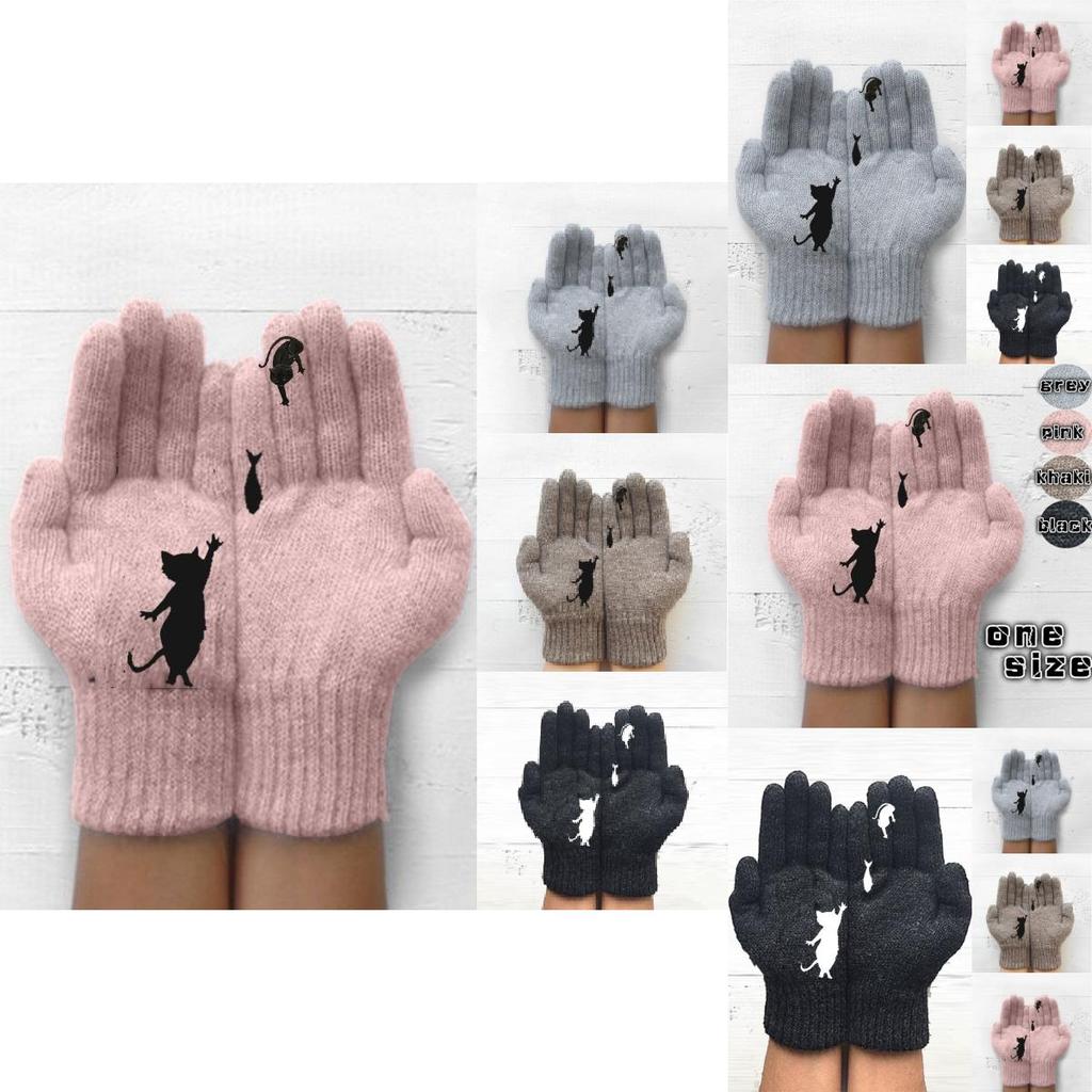 Damen Modische Strickhandschuhe mit Katzen- und Fischdruck mit warmen Fäustlingen für volle Finger