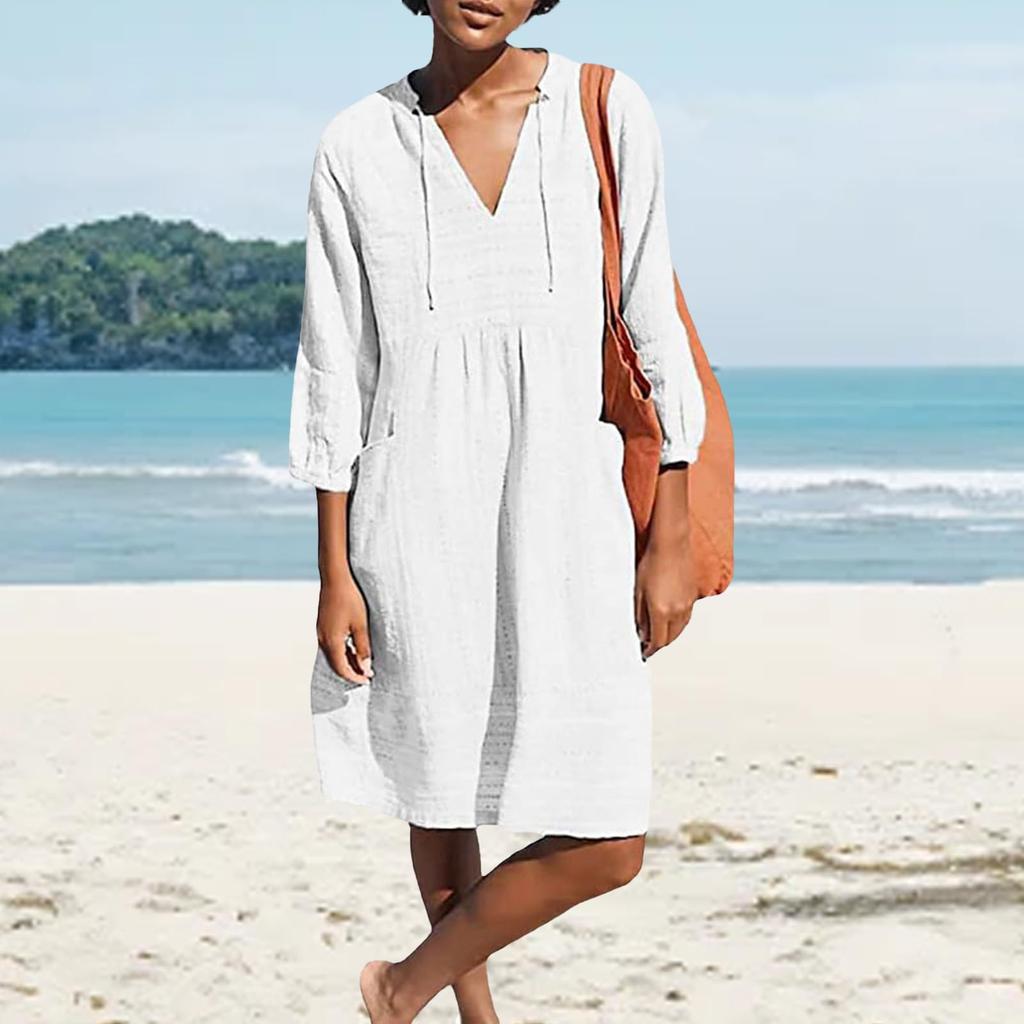 Dámské barevné bavlněné lněné šaty s V-výstřihem, ležérní volné šaty s kapsou
