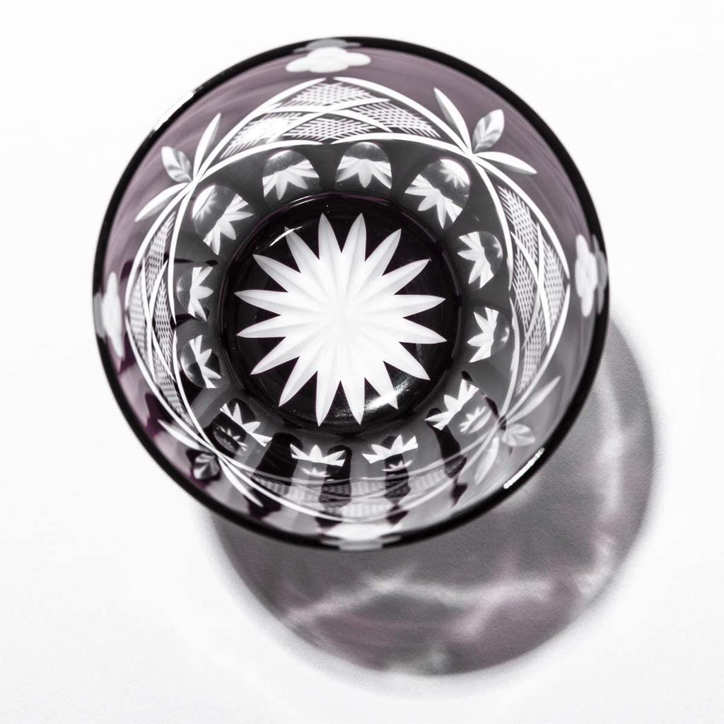 Taiburo Edo Kiriko Glass with Genroku Crest and Open Top Wooden Made In Japan [Official Workshop] Four-Leaf (Edo Purple) TB90625-4M, Box,