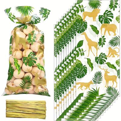 105pcs Jungle Animal Cellophane Treat Bags Green Golden Safari Animal Palm Leaves Plastic Candy Goodie Bags with 100Golden Twist Ties for Wild Safari