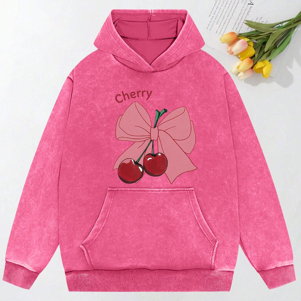 Bow Cherry Cartoon Printing Women Washed Hoodie Oversized Streetwear Comfortable Soft Hoodie Cotton Sweatshirt
