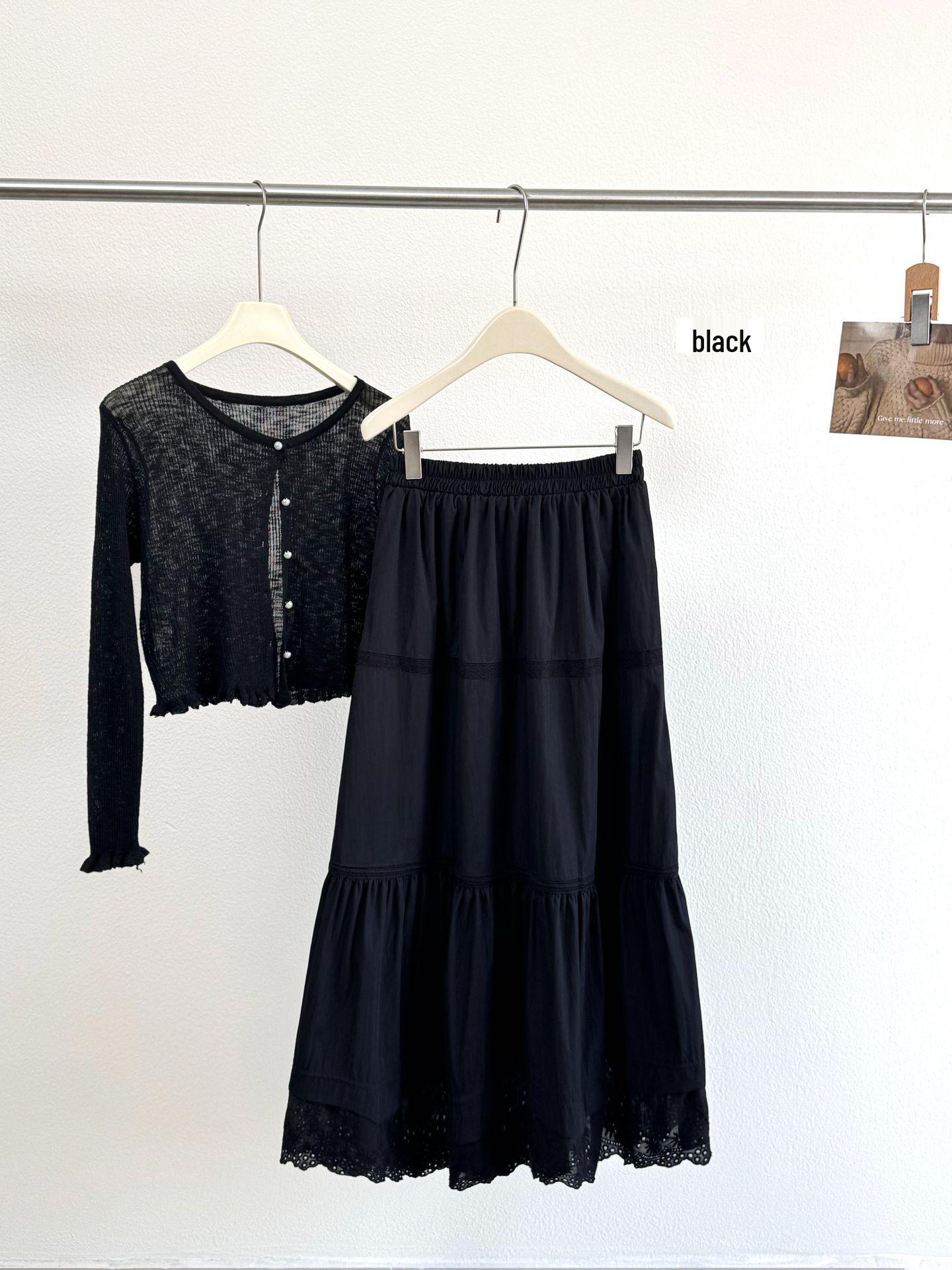 

2026 Spring/Summer A-Line Mid-Length Fairy Skirt with Hollow Lace Patchwork by the Sea One Size чорний
