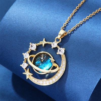 Exquisite blaue Halskette mit Sternenhimmel-Anhänger aus leichtem Luxus mit Zirkonia, Sternen und Mond, Schlüsselbeinkette, Halskette, Schmuckgeschenk